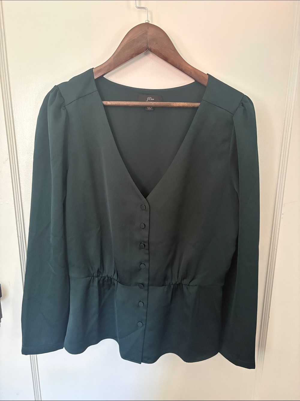 J. Crew Dark Green V-Neck Button Front Blouse